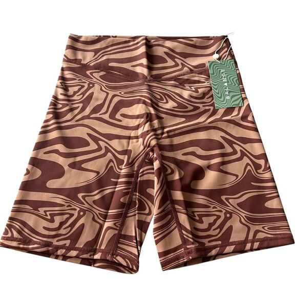 Balance Athletica Womens M Storm Rider Biker Shorts Brown Swirl Cloud Fitted NWT